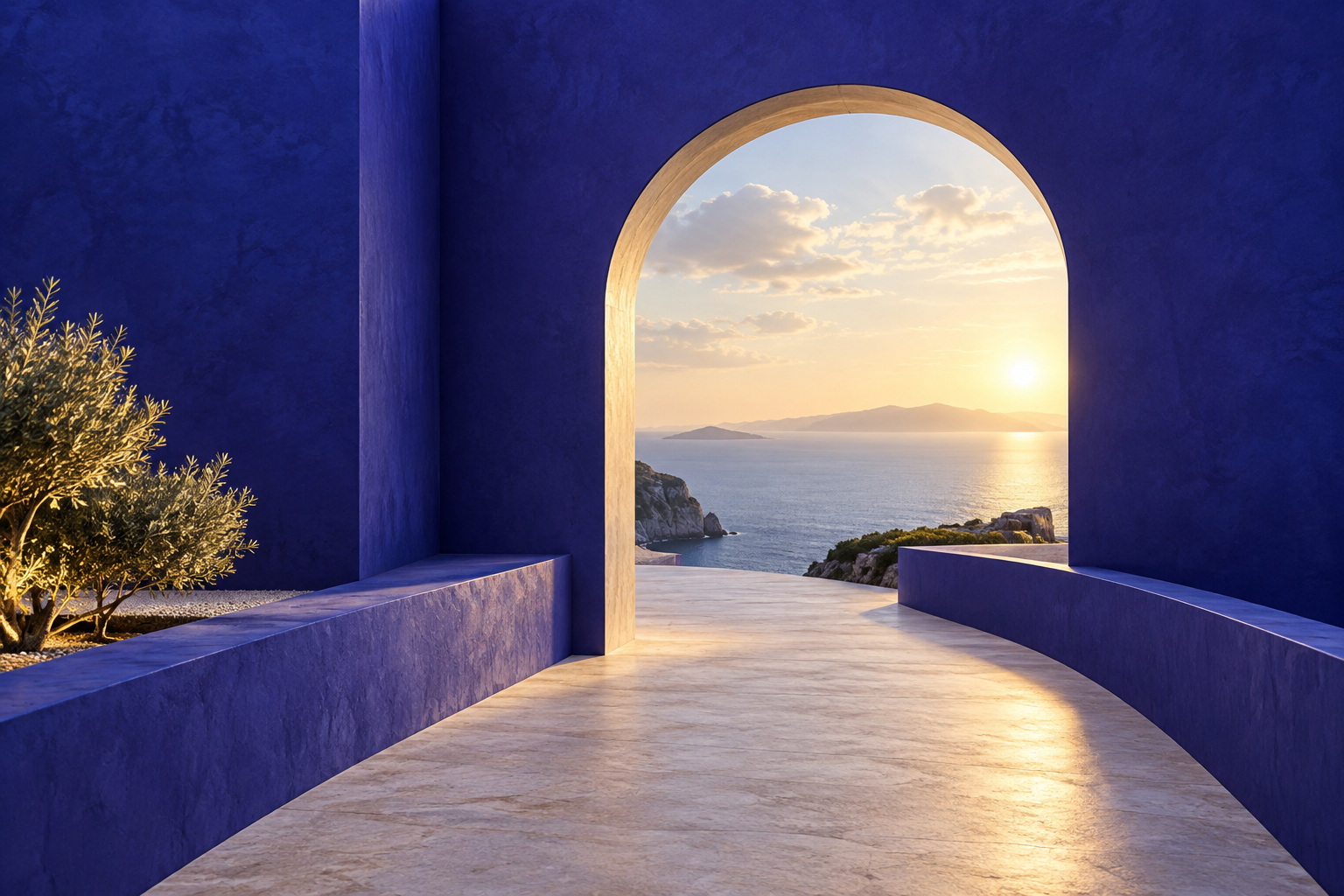 A sunlit path through a violet architectural opening toward an open coastal horizon